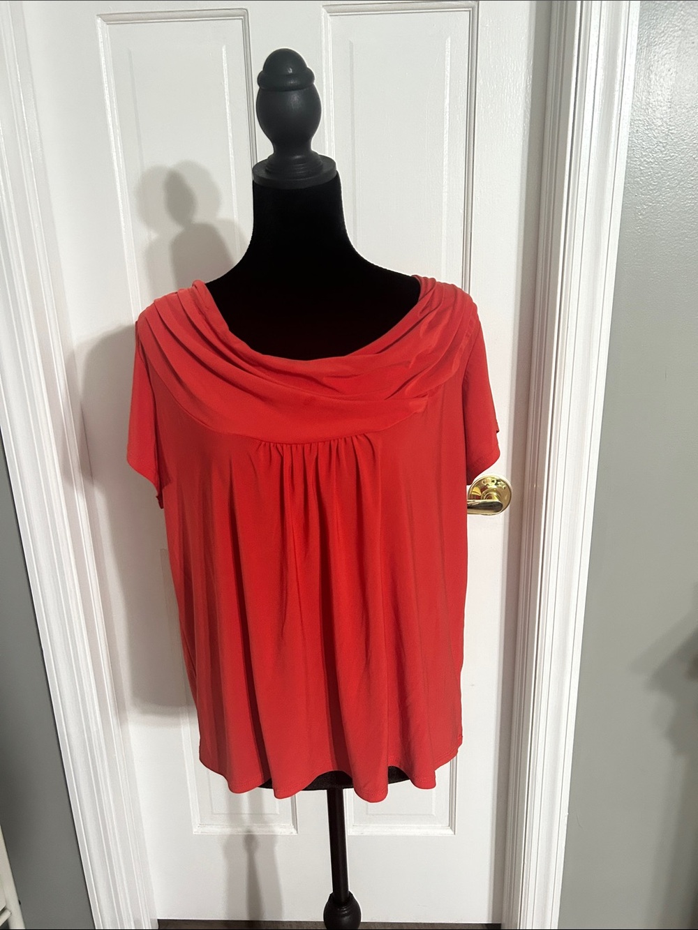 Cowl Neck Draped orange/Red Blouse with Short Sleeves